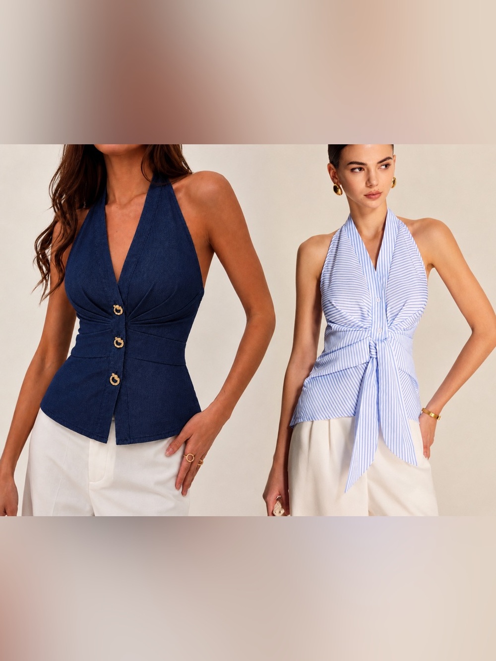 Commense Bundle(2) Denim & Striped Halter Tops